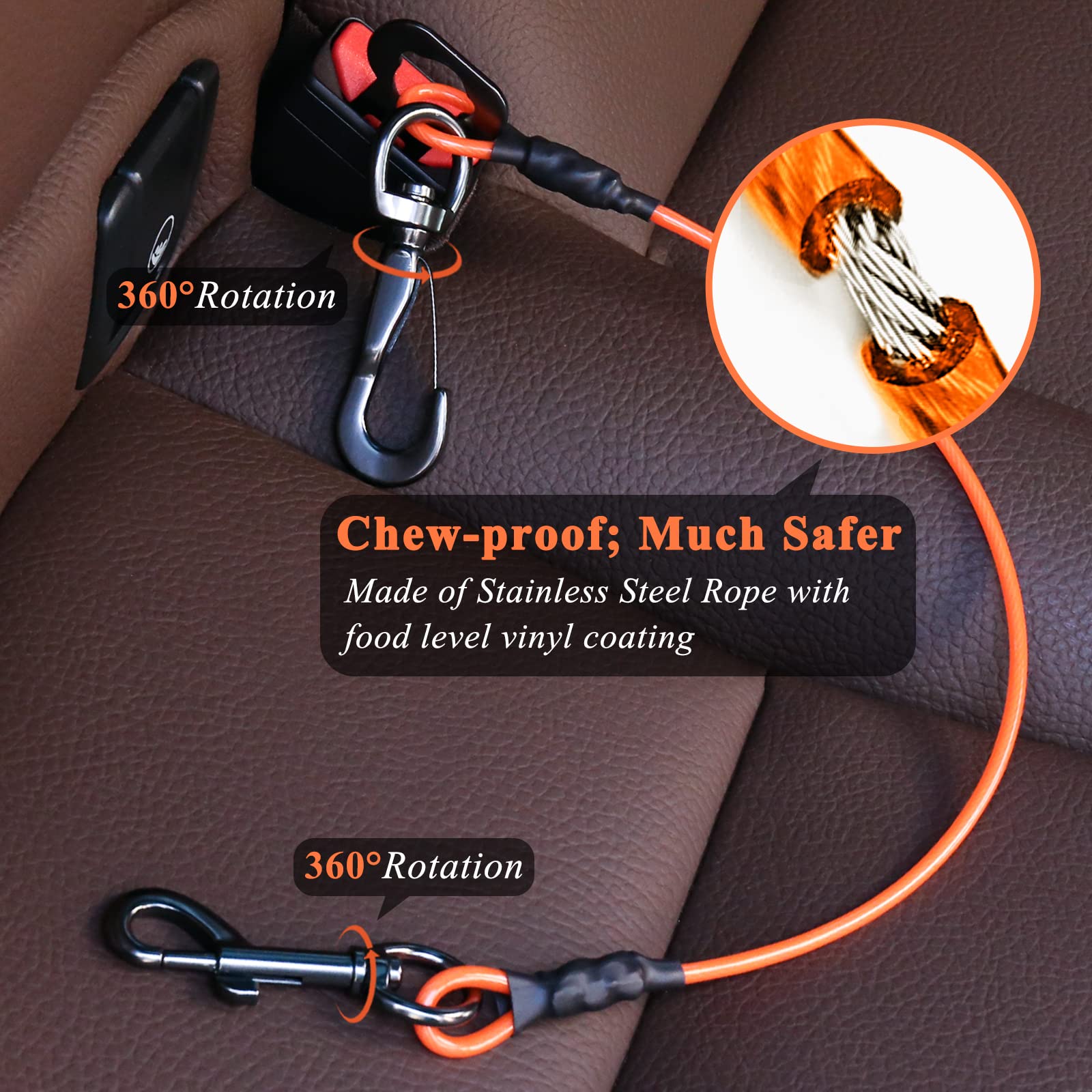 Vivaglory Dog Seat Belt, Chew Proof Multi-Functional Waterproof Dogs Safety Belt, Heavy Duty Steel Rope Pet Car Seatbelt Rrestra